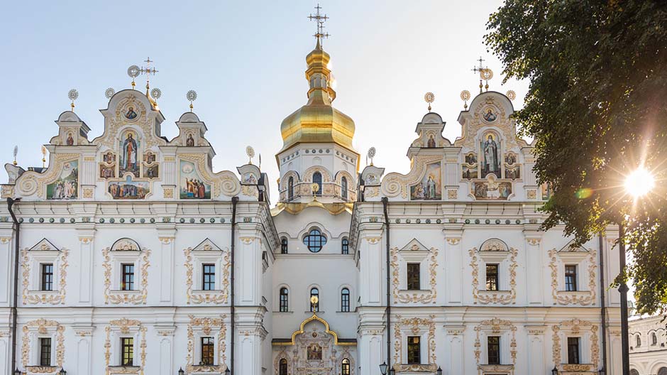 Of sumptuous beauty: the Kiev Monastery of the Caves on the west bank of the Dnieper river. Man-made caves served the monks as hermitages. 