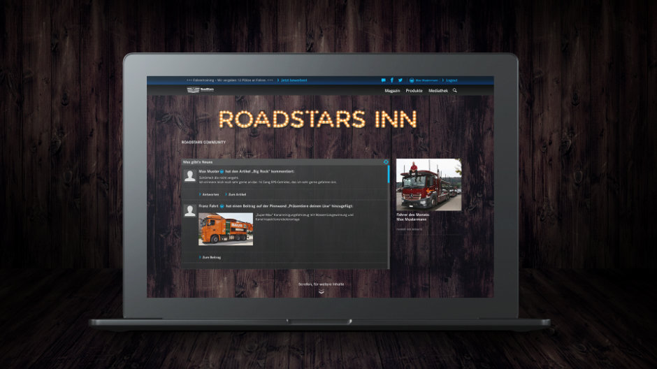 De RoadStars Inn in een fraaie houtlook. Hier ziet u in realtime een overzicht van commentaren, posts en nieuw geregistreerde gebruikers.